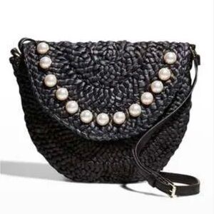 Black Woven Crossbody with Pearl Detail
